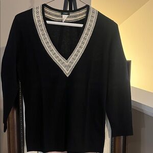 J. Crew V-Neck Sweater in Black with Cream Details